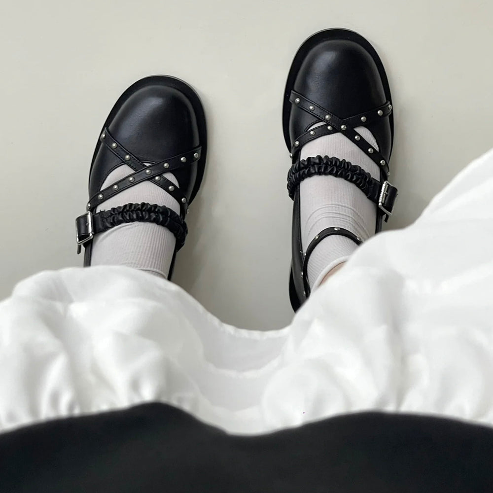 STUDDED BLACK MARY JANE SHOES BOOGZEL CLOTHING