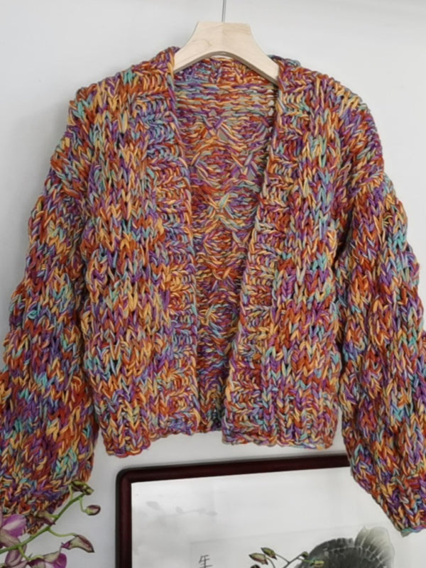 Stylish Casual Rainbow Knit Lantern Sleeve Knit Cardigan - Brown / FREESIZE