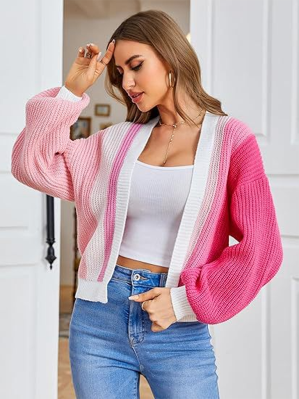 Stylish Knitted Cardigan with Contrast Colors - Rose / S