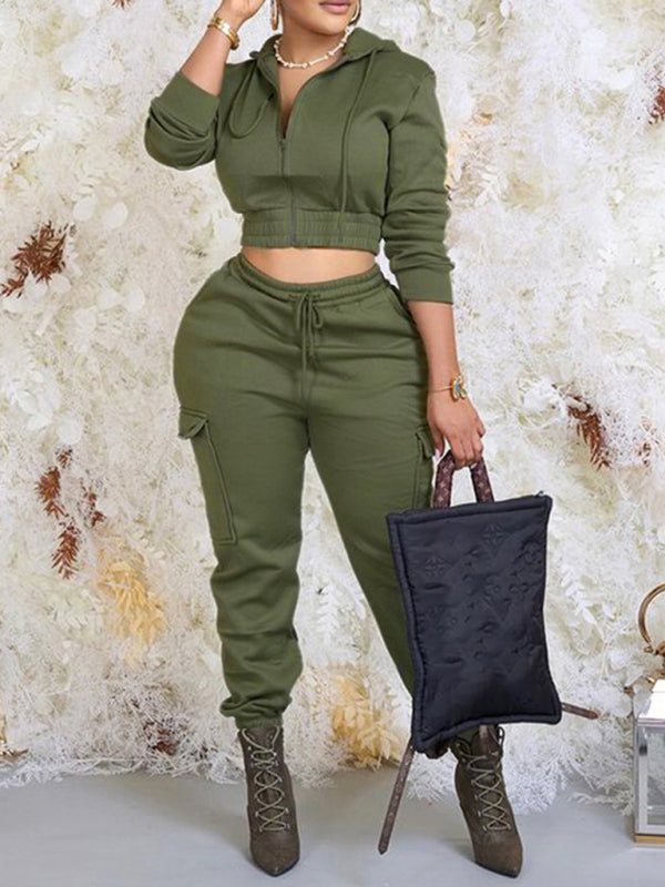 Stylish solid color cardigan hooded lace-up trousers two-piece set - Green / S