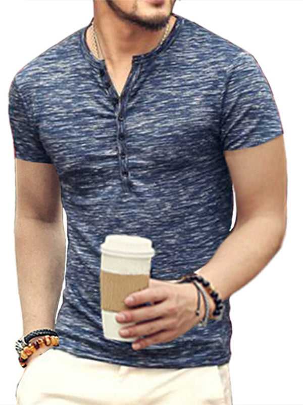 Summer Men’s Short Sleeve Men’s T-Shirt Henley Collar Slim Fit Men’s Clothing - Blue / S