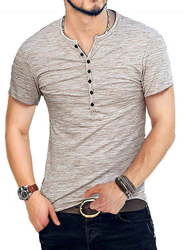 Summer Men’s Short Sleeve Men’s T-Shirt Henley Collar Slim Fit Men’s Clothing - Khaki / S