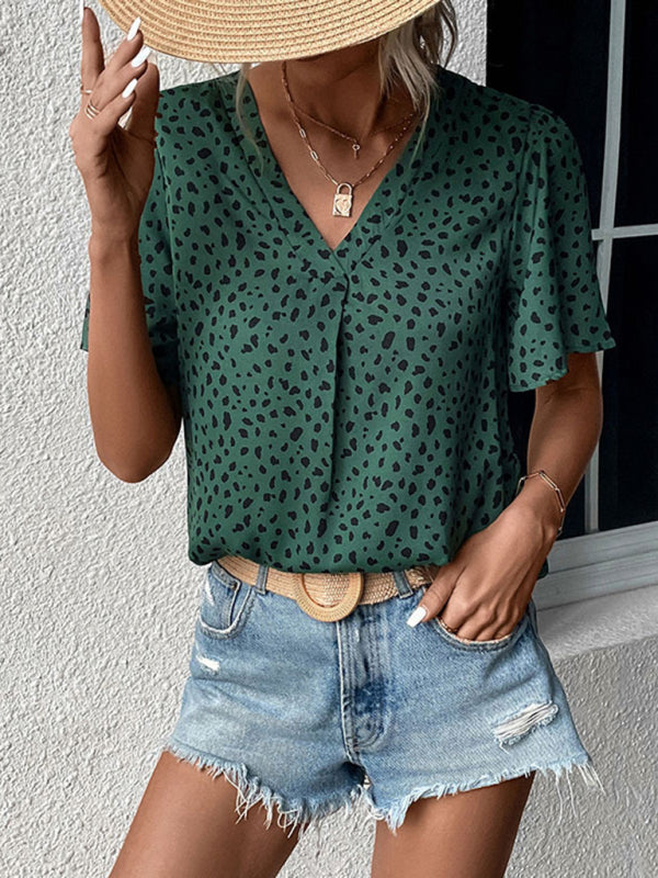 Summer New Fashion Ladies Tops Leopard Print Shirts - Green black jasper / S