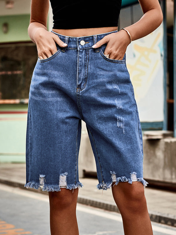 Summer new fashion ripped raw edge fringed five point jeans - Blue / S