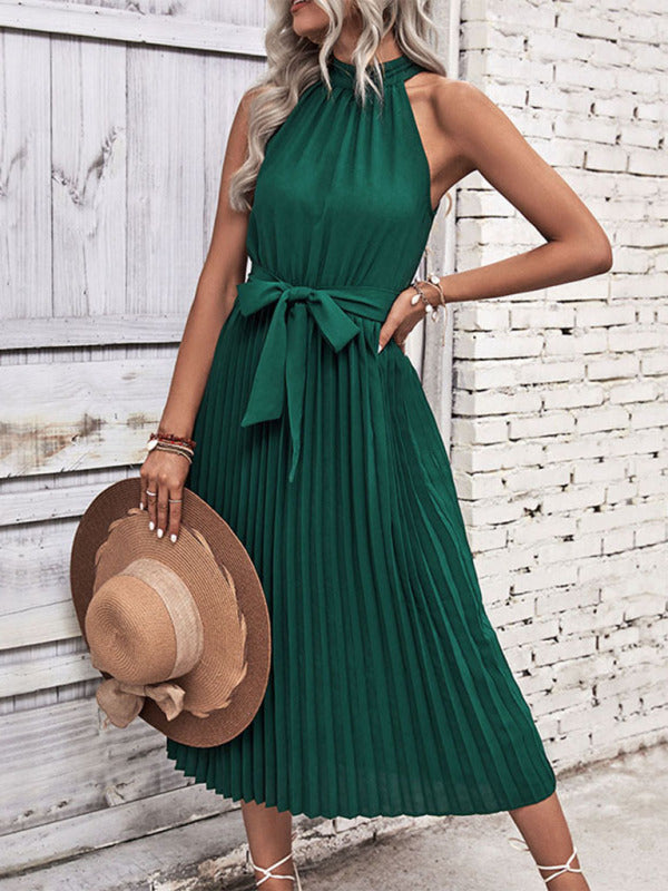 Summer new fashion solid color halter neck dress minimalist style - Green / S