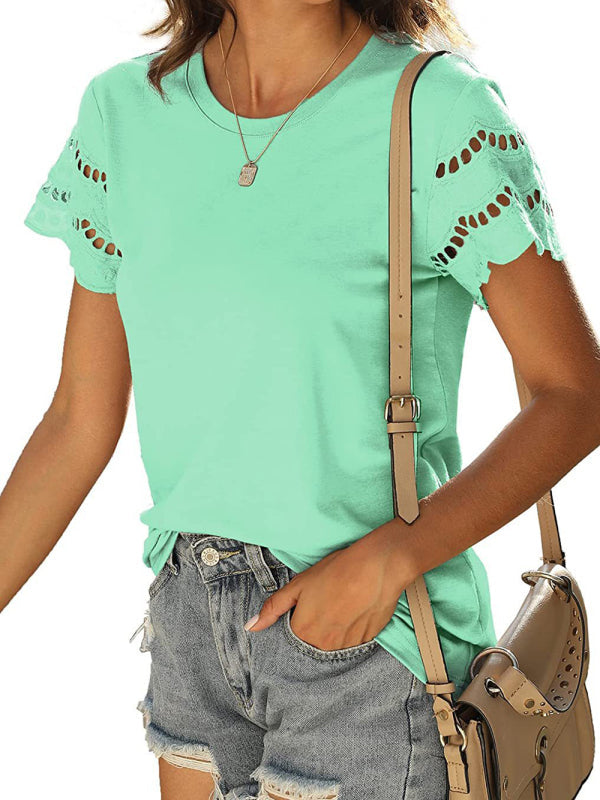 Summer new lace stitching short-sleeved T-shirt round neck top