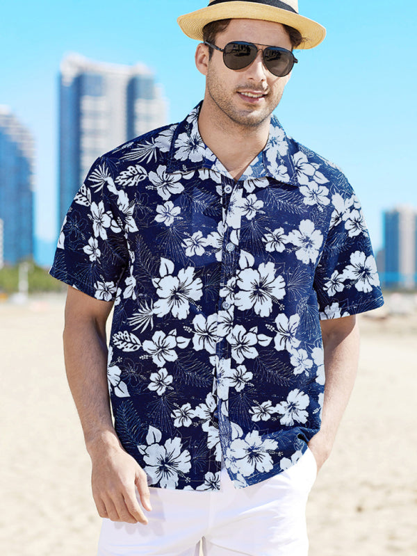 Summer new seaside casual Hawaiian short-sleeved shirt - Dark blue / S