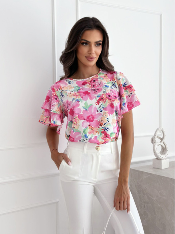 Summer printed ruffle sleeves round neck simple short-sleeved tops