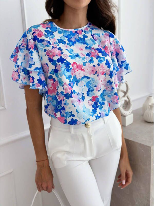 Summer printed ruffle sleeves round neck simple short-sleeved tops - Blue / S