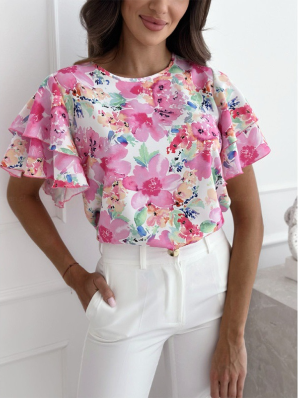Summer printed ruffle sleeves round neck simple short-sleeved tops - Pink / S