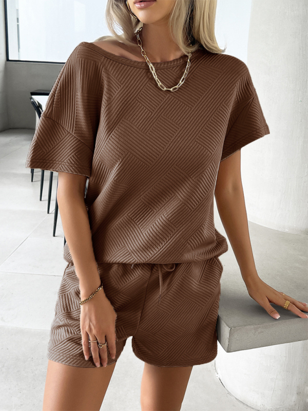 Summer solid color knitted crew neck top and shorts casual two-piece set - Brown / S
