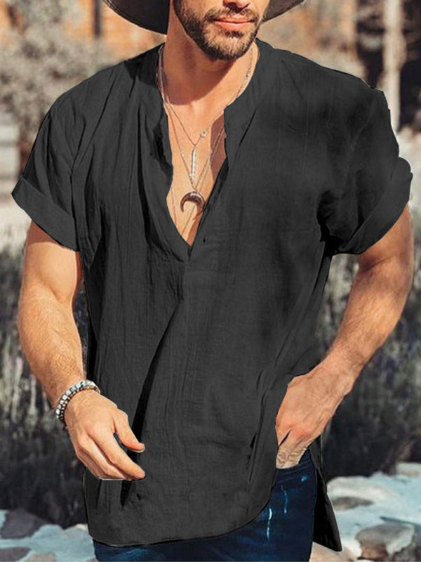 Summer solid color round neck short sleeve simple cotton linen shirt men - Black / S