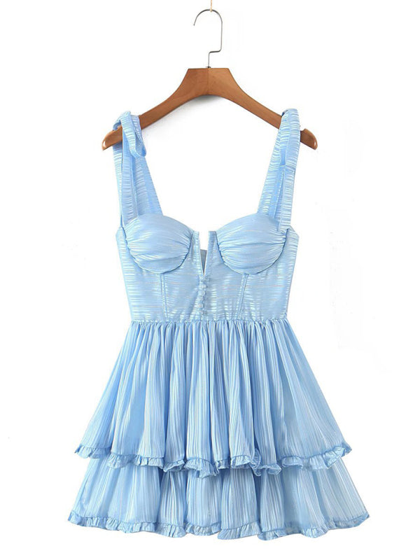 Summer three-color three-layer colorful silk chiffon pleated dress with tie - Blue / S