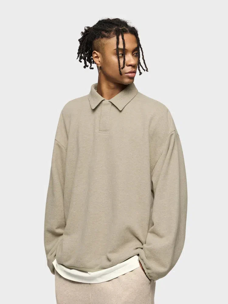 BEIGE LONG-SLEEVED POLO SHIRT - COUPE AMPLE FOR VOTRE GARDE-ROBE