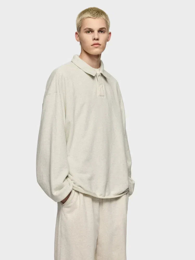 BEIGE LONG-SLEEVED POLO SHIRT - COUPE AMPLE FOR VOTRE GARDE-ROBE