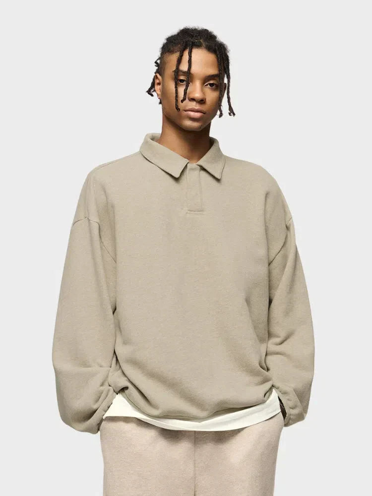 BEIGE LONG-SLEEVED POLO SHIRT - COUPE AMPLE FOR VOTRE GARDE-ROBE