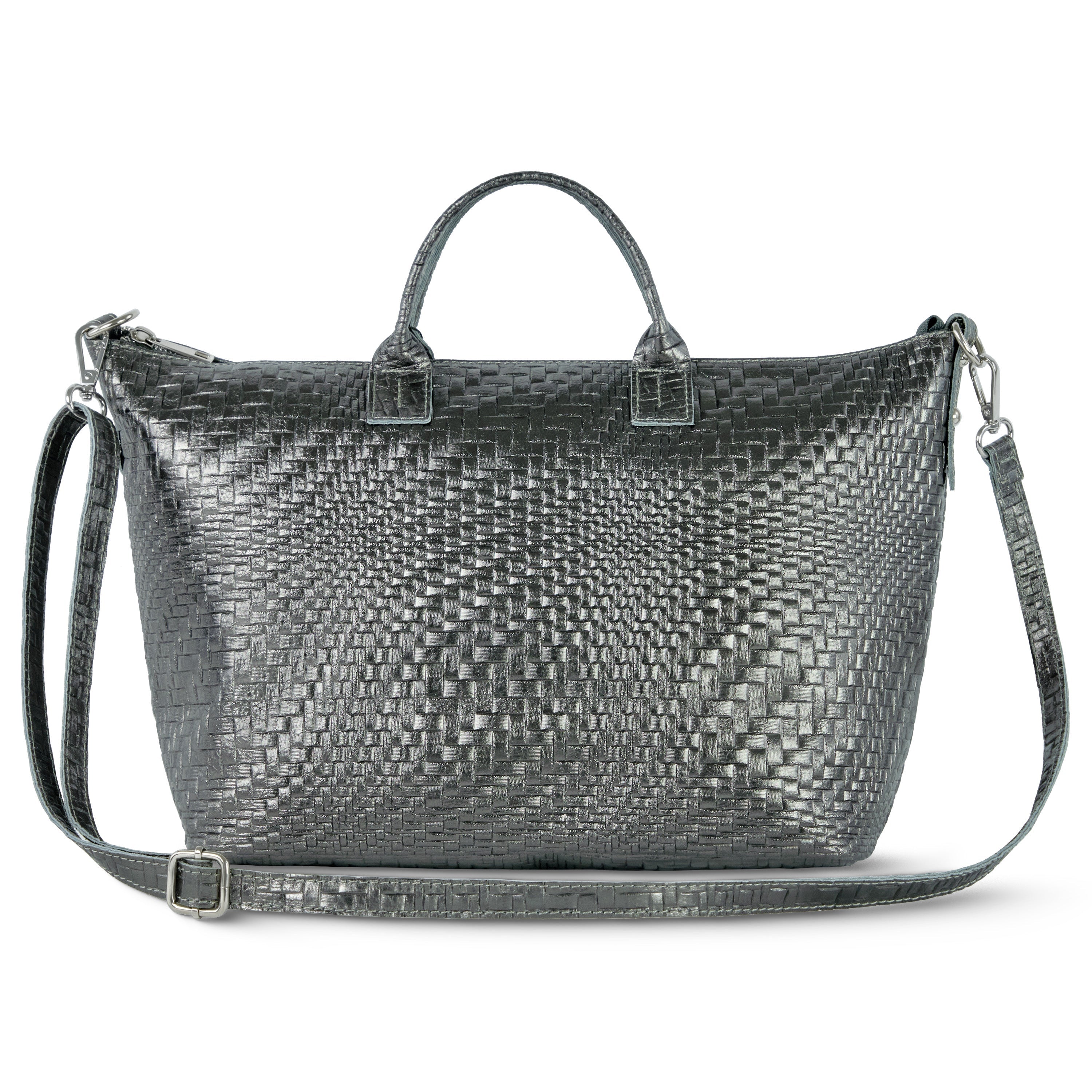 Italian Genuine Basketweave-Embossed Metallic Suede Top-Handle Bag | Treviso
