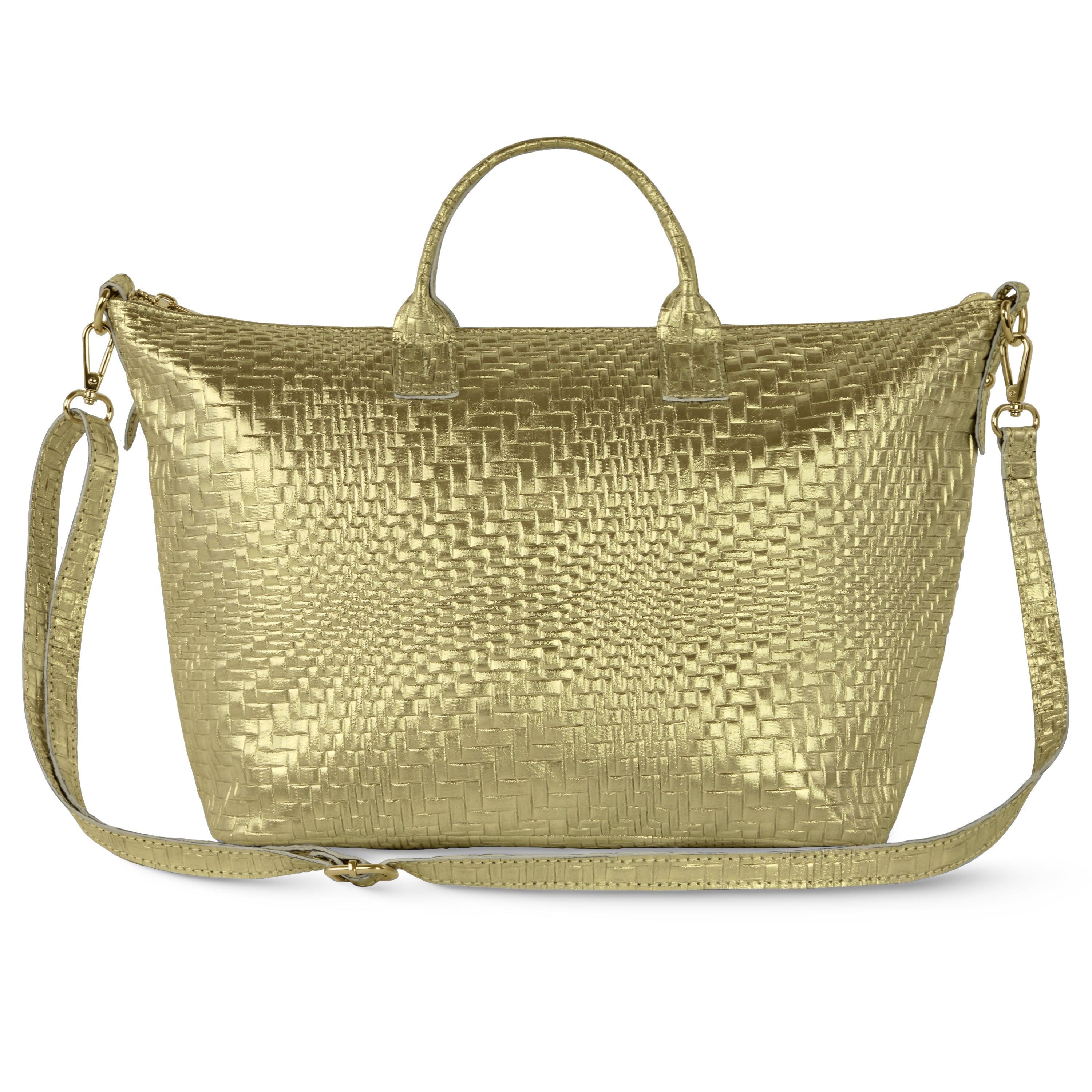 Italian Genuine Basketweave-Embossed Metallic Suede Top-Handle Bag | Treviso