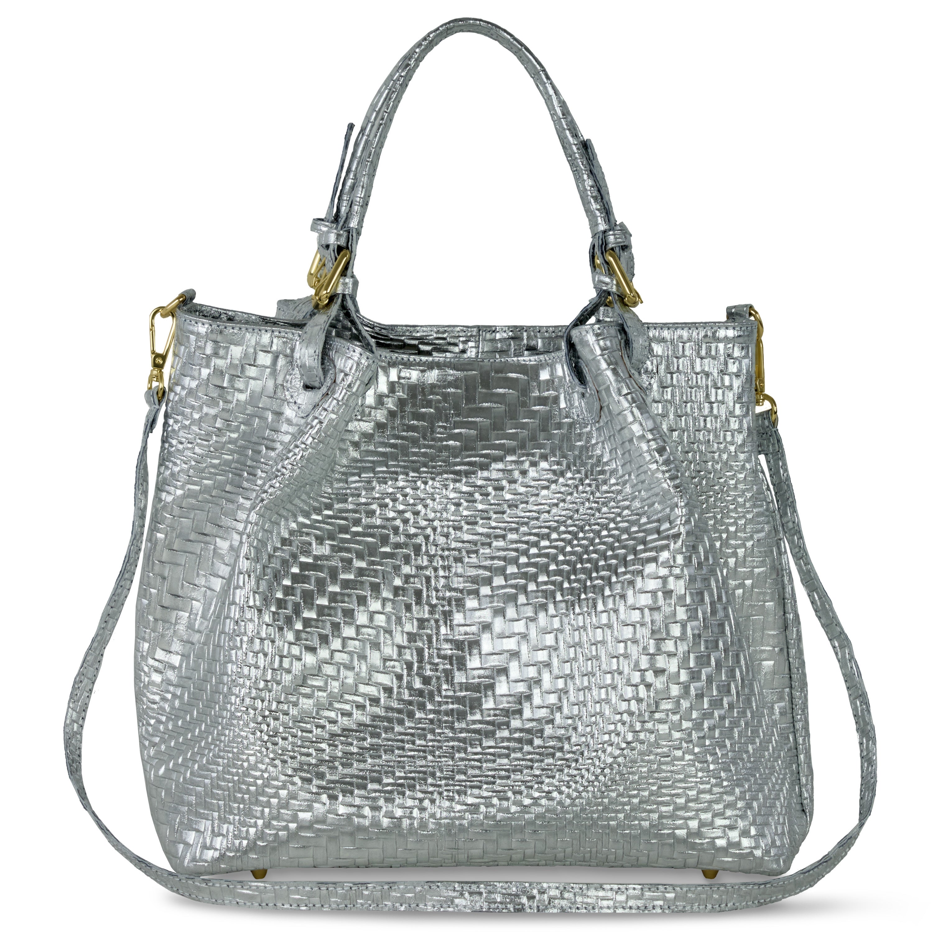 Italian Genuine Basketweave-Embossed Metallic Suede Top-Handle Bag | Imperia
