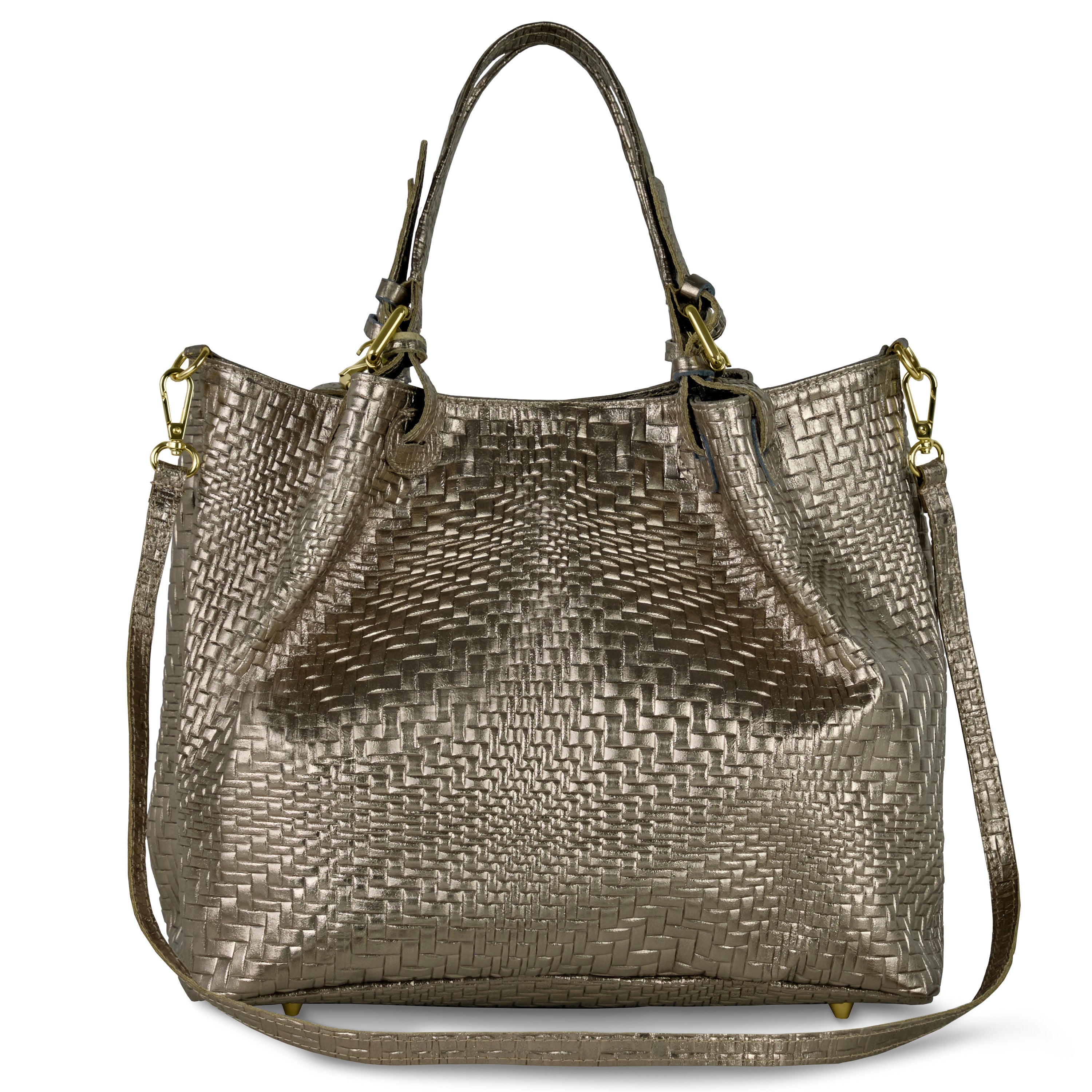 Italian Genuine Basketweave-Embossed Metallic Suede Top-Handle Bag | Imperia