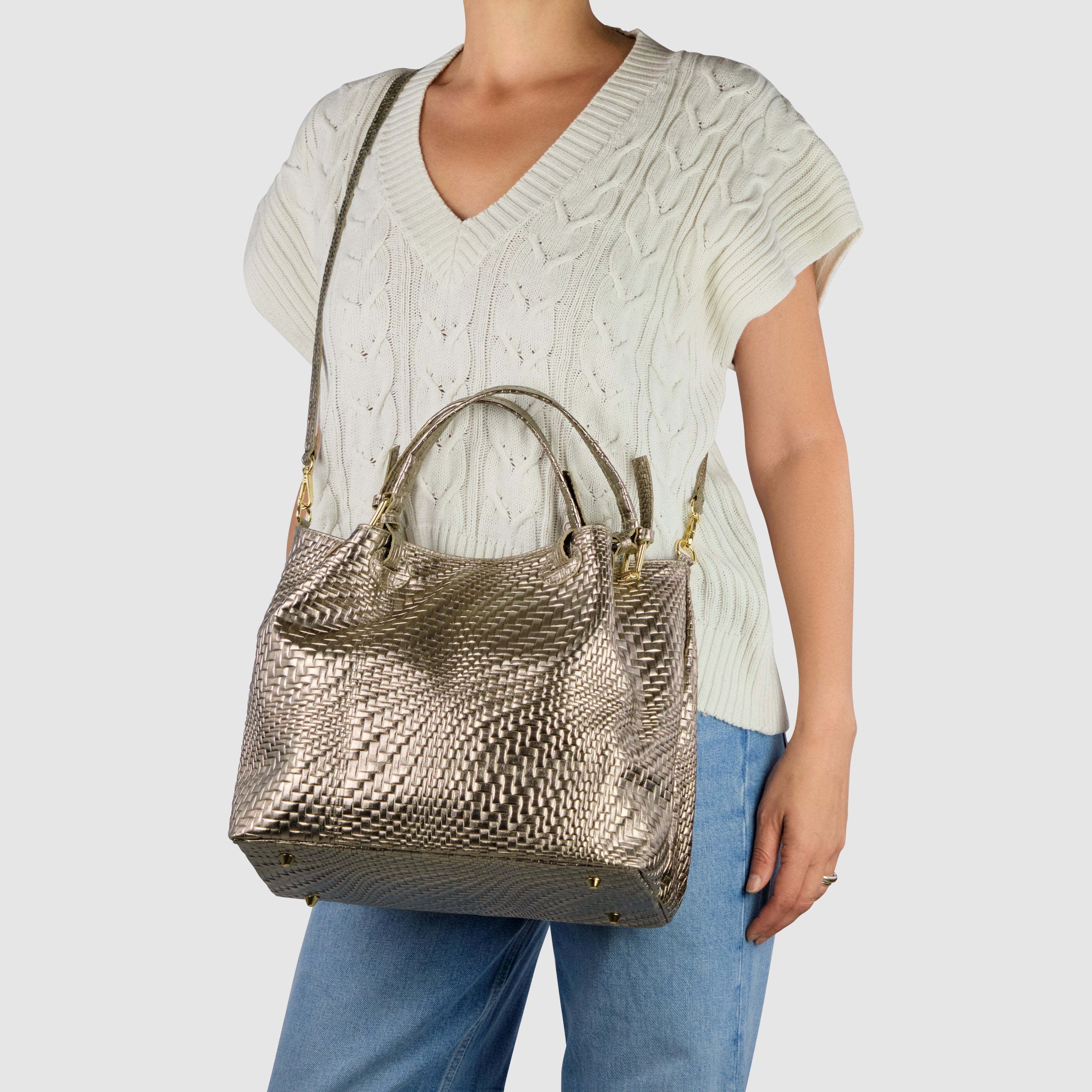 Italian Genuine Basketweave-Embossed Metallic Suede Top-Handle Bag | Imperia