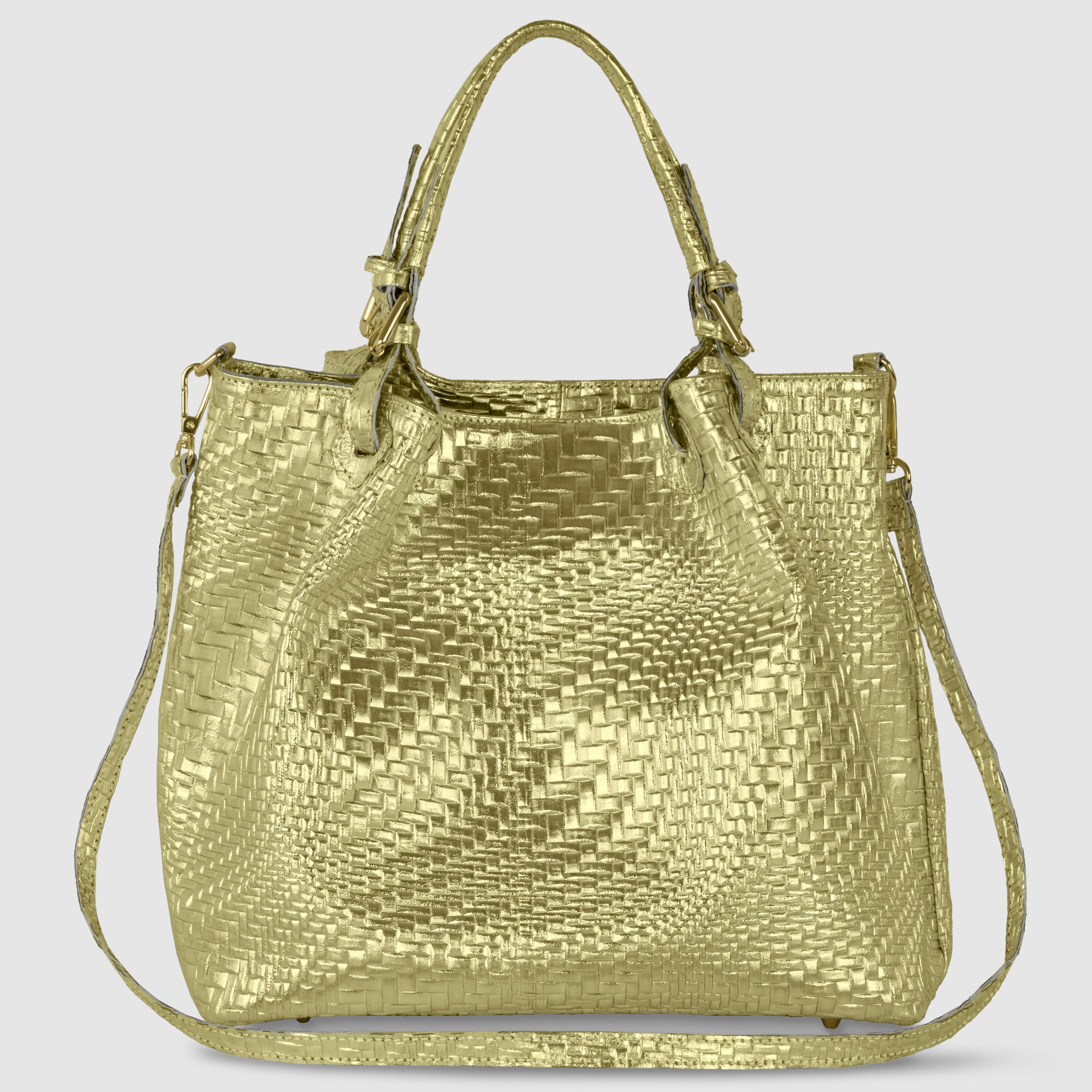 Italian Genuine Basketweave-Embossed Metallic Suede Top-Handle Bag | Imperia