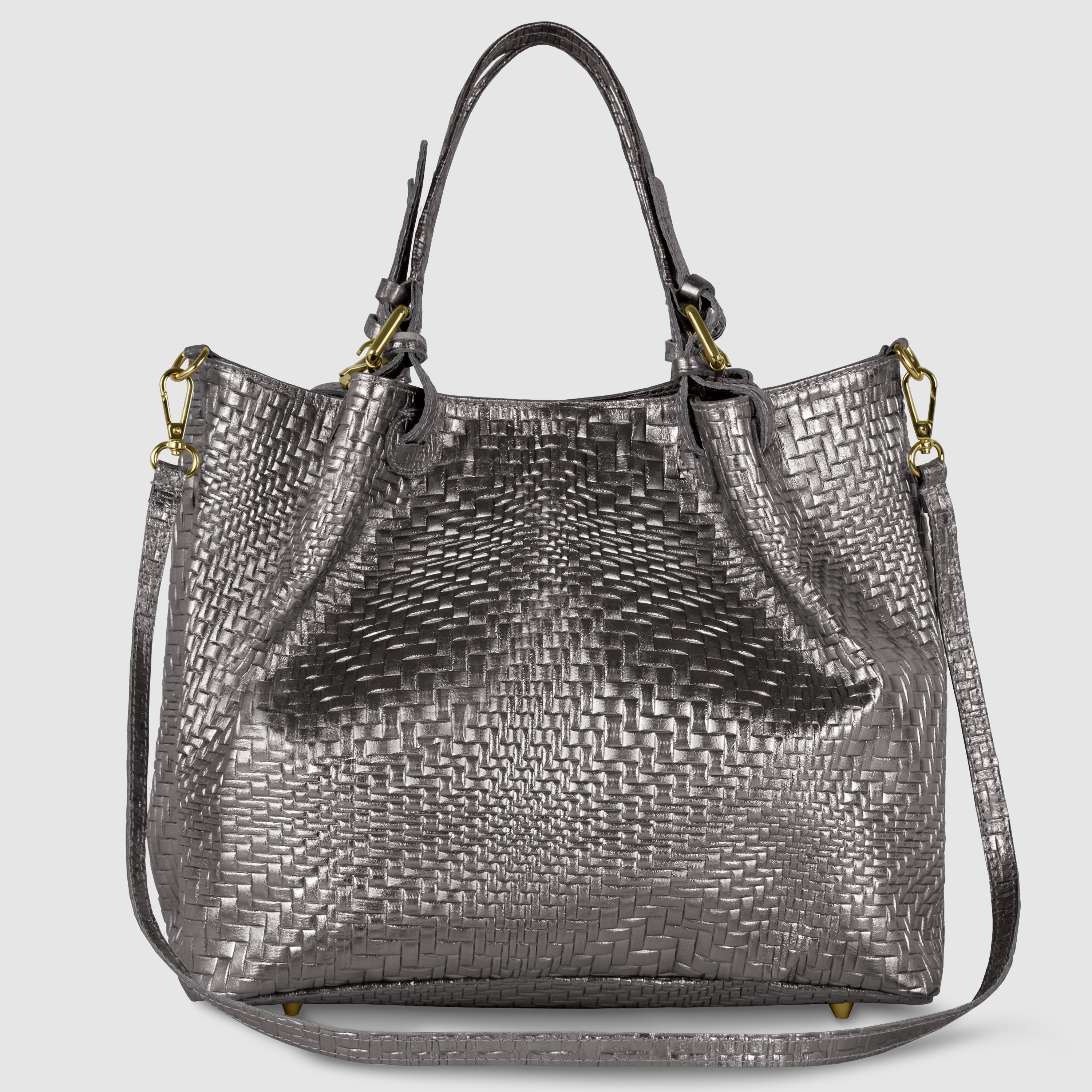 Italian Genuine Basketweave-Embossed Metallic Suede Top-Handle Bag | Imperia