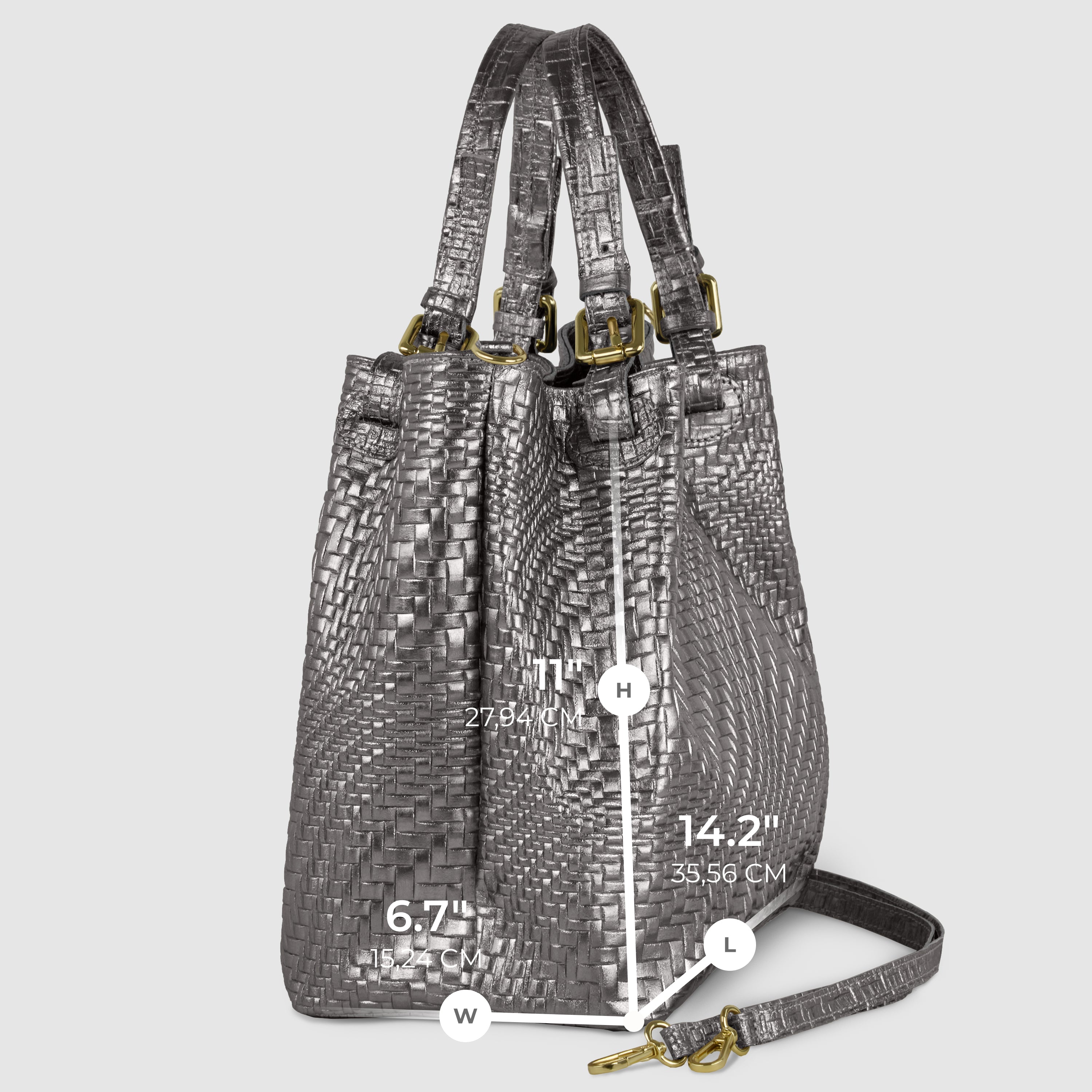 Italian Genuine Basketweave-Embossed Metallic Suede Top-Handle Bag | Imperia