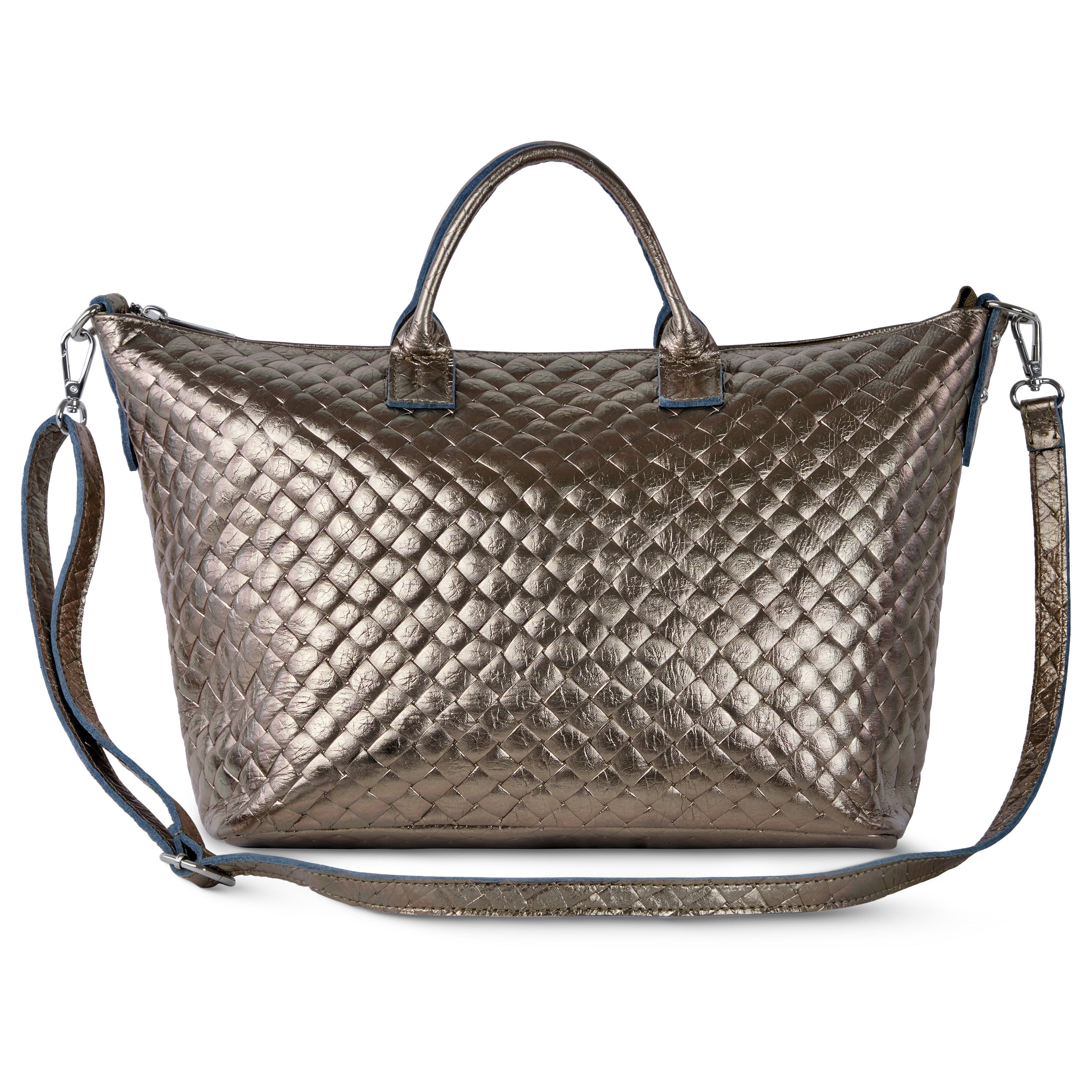 Italian Genuine Woven-Embossed Metallic Suede Top-Handle Bag | Urbino