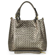 Italian Genuine Woven-Embossed Metallic Suede Top-Handle Bag | Savona
