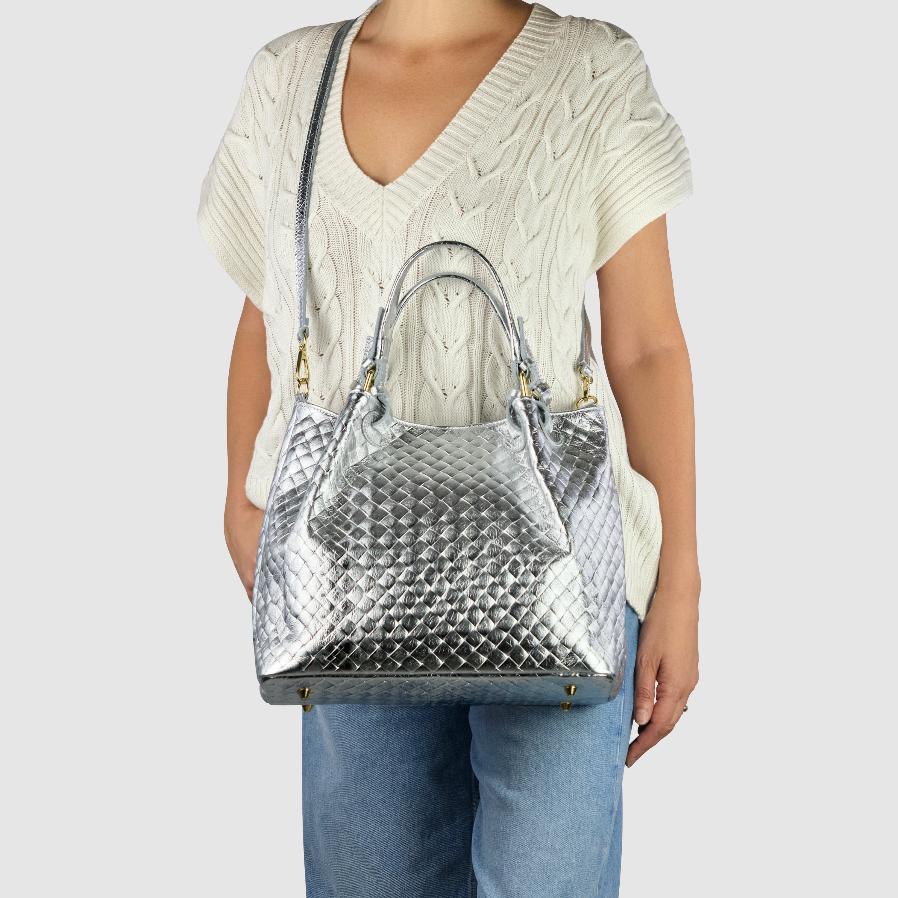 Italian Genuine Woven-Embossed Metallic Suede Top-Handle Bag | Savona
