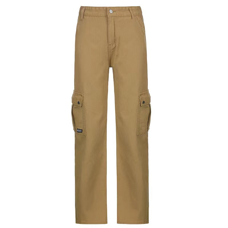 TAN CARGO PANTS WITH HIGH WAIST AND BUTTON CLOSURE