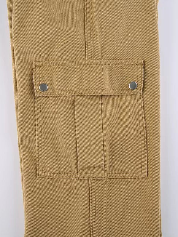 TAN CARGO PANTS WITH HIGH WAIST AND BUTTON CLOSURE