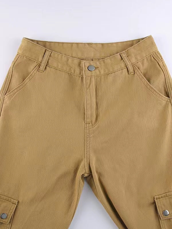 TAN CARGO PANTS WITH HIGH WAIST AND BUTTON CLOSURE