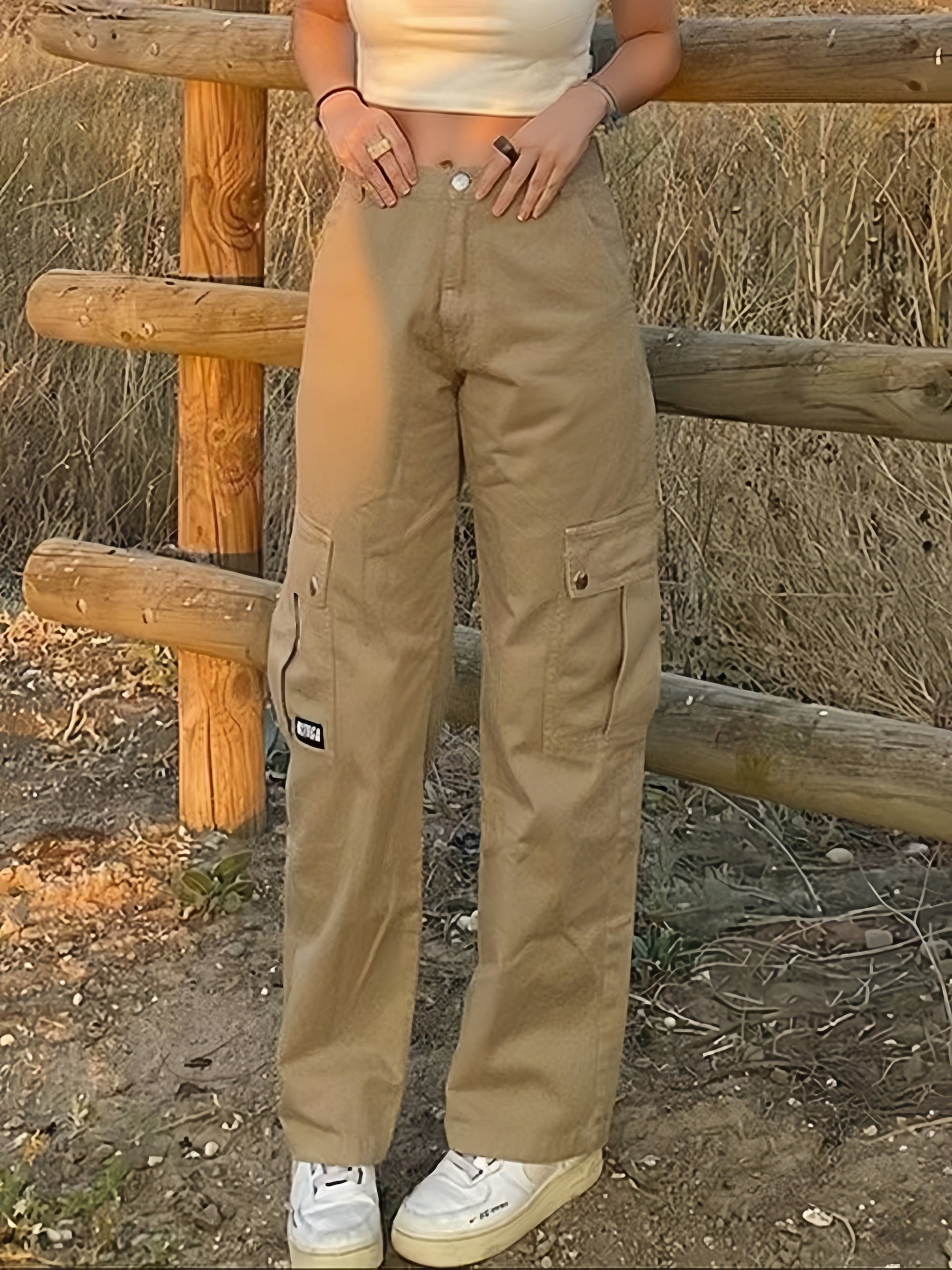 TAN CARGO PANTS WITH HIGH WAIST AND BUTTON CLOSURE