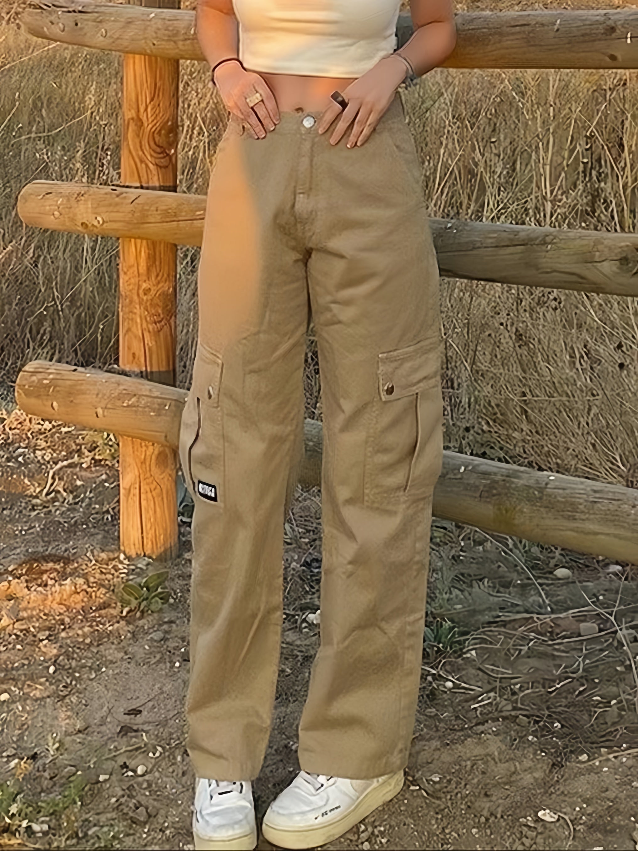 TAN CARGO PANTS WITH HIGH WAIST AND BUTTON CLOSURE