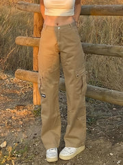 TAN CARGO PANTS WITH HIGH WAIST AND BUTTON CLOSURE