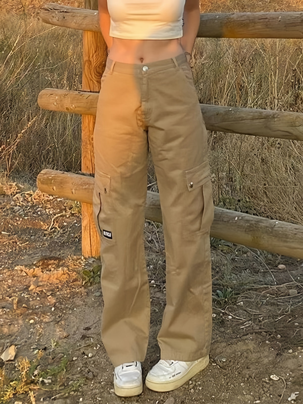 TAN CARGO PANTS WITH HIGH WAIST AND BUTTON CLOSURE
