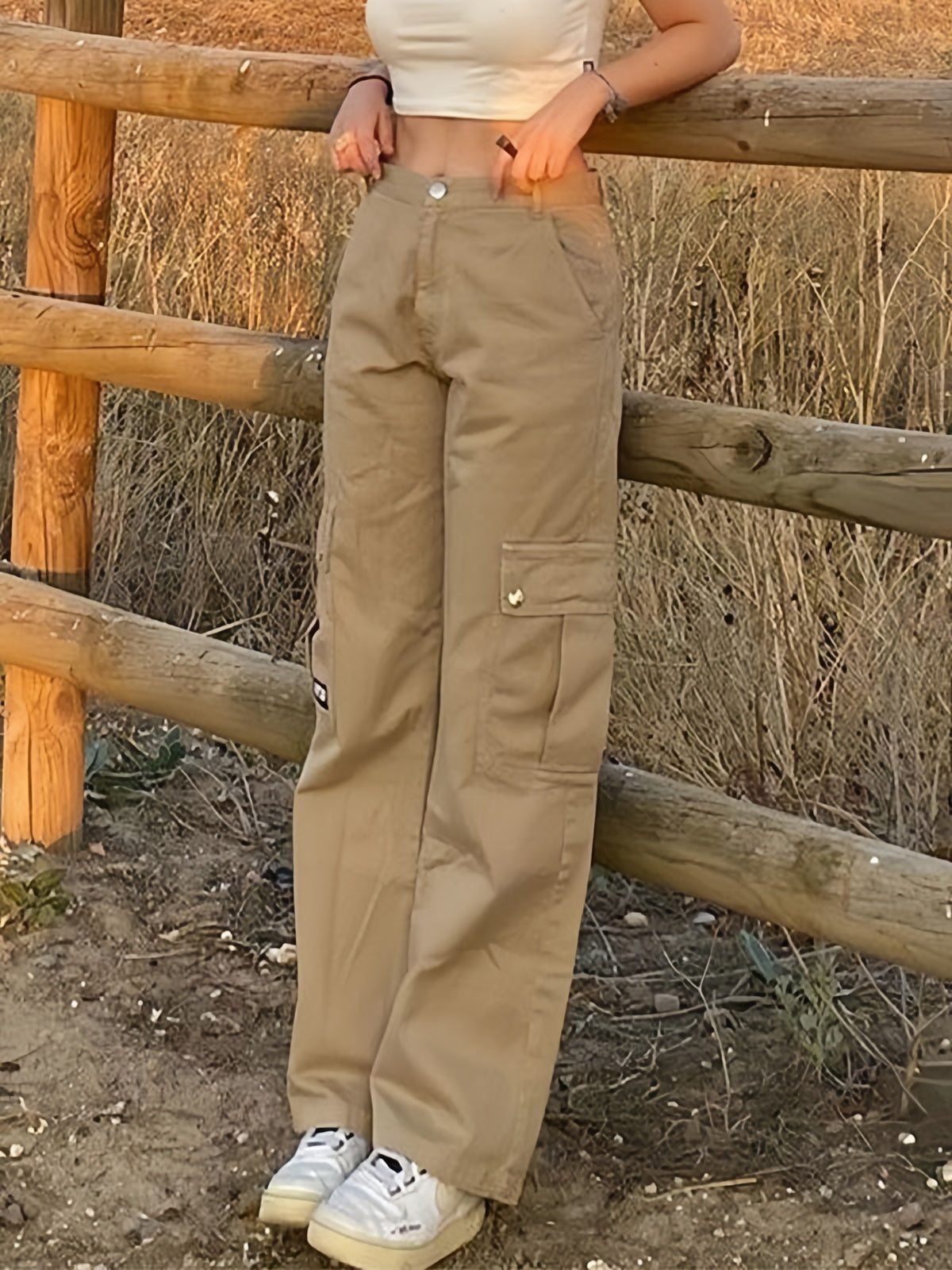 TAN CARGO PANTS WITH HIGH WAIST AND BUTTON CLOSURE