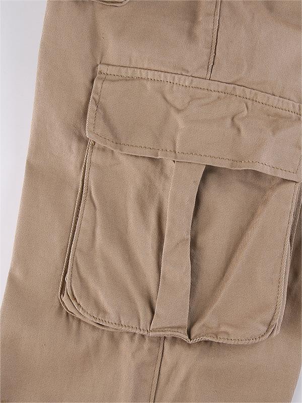 TAN CARGO PANTS WITH PATCH DETAILS AND LOW WAIST DESIGN