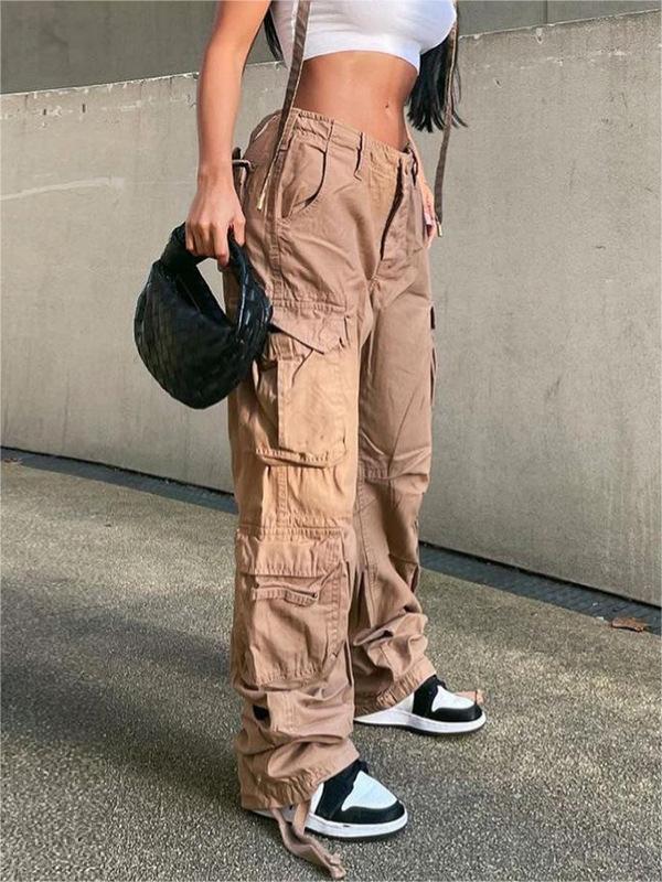 TAN CARGO PANTS WITH PATCH DETAILS AND LOW WAIST DESIGN