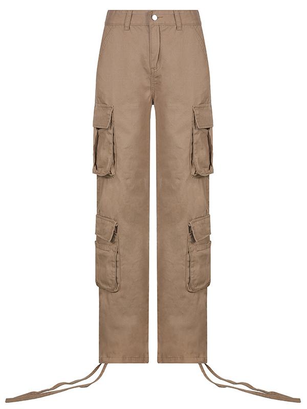 TAN CARGO PANTS WITH PATCH DETAILS AND LOW WAIST DESIGN