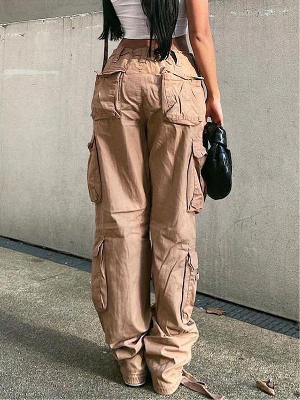 TAN CARGO PANTS WITH PATCH DETAILS AND LOW WAIST DESIGN