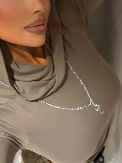 TAN HOODED LONG SLEEVE TOP WITH CROP STYLE