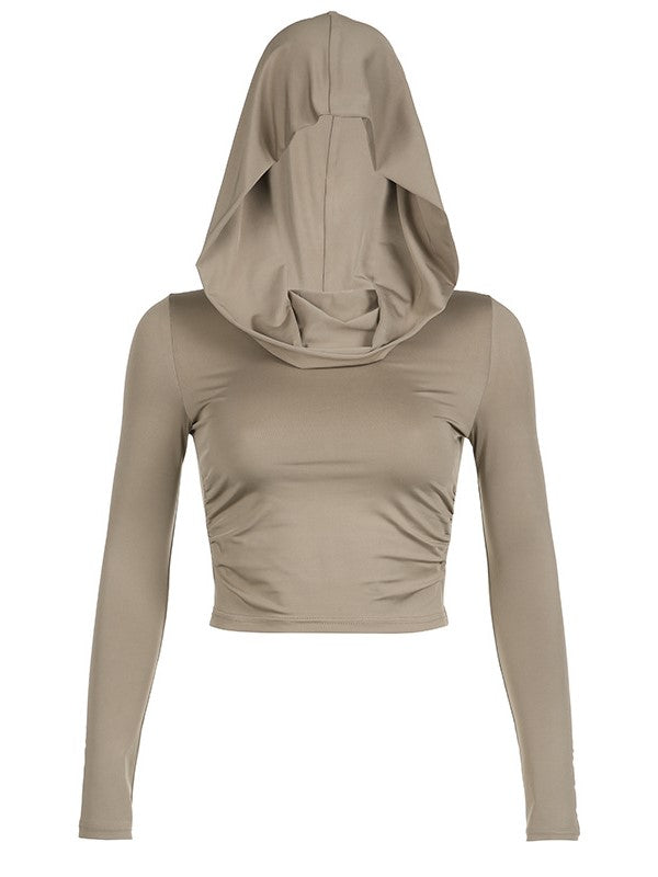 TAN HOODED LONG SLEEVE TOP WITH CROP STYLE