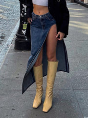 TAN KNEE-HIGH BOOTS FOR MAXI DENIM SKIRT STYLING