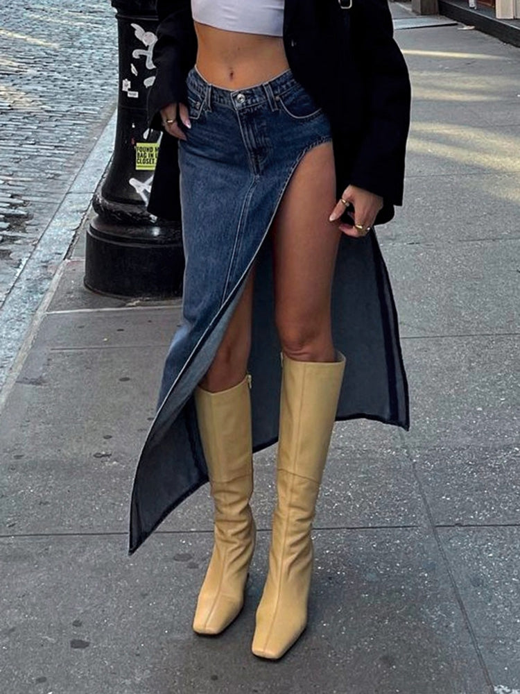 TAN KNEE-HIGH BOOTS FOR MAXI DENIM SKIRT STYLING