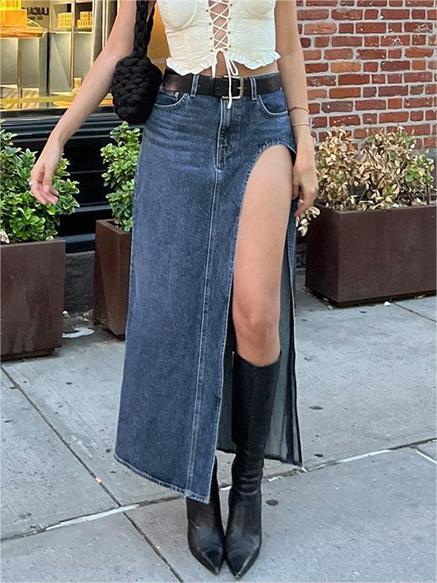 TAN KNEE-HIGH BOOTS FOR MAXI DENIM SKIRT STYLING