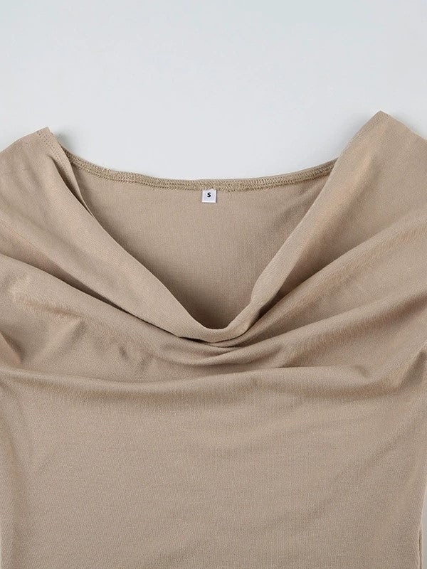 TAN OFF-THE-SHOULDER TOP WITH SHOULDER SHORT SLEEVE DESIGN
