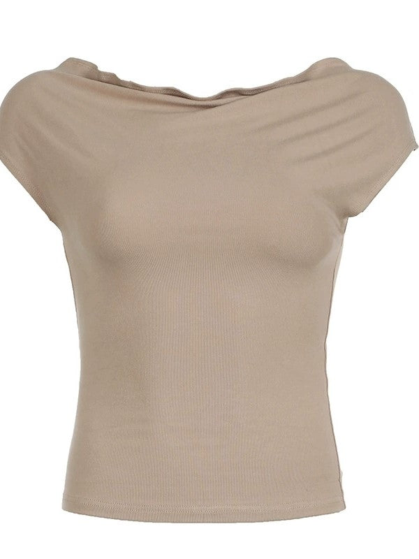 TAN OFF-THE-SHOULDER TOP WITH SHOULDER SHORT SLEEVE DESIGN